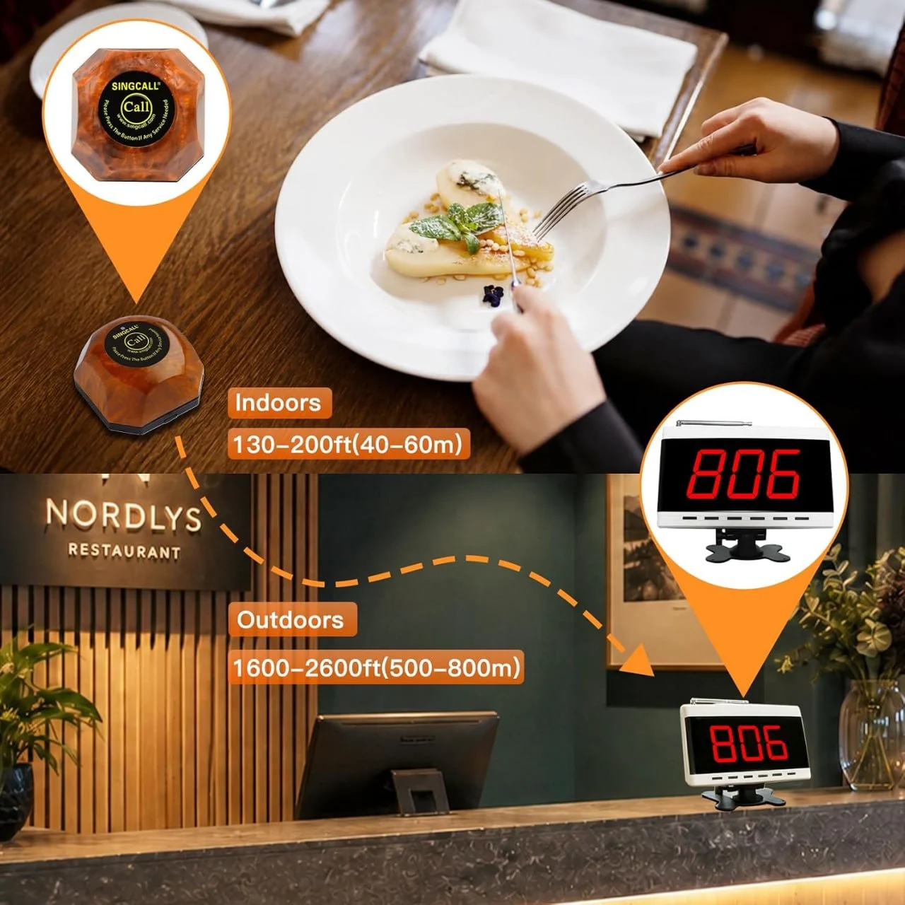Customer pressing wireless call button at restaurant table