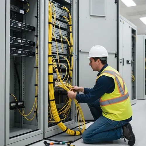 Technician surveying server rack for fiber network design in Dubai