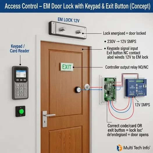Access control door lock diagram with keypad and exit button