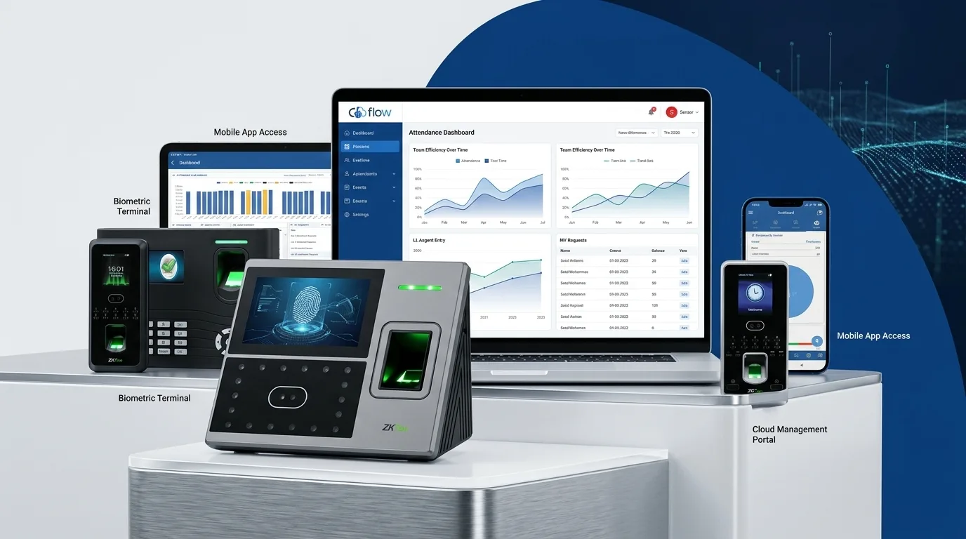 Attendance terminals with laptop and mobile dashboard showing employee attendance reports