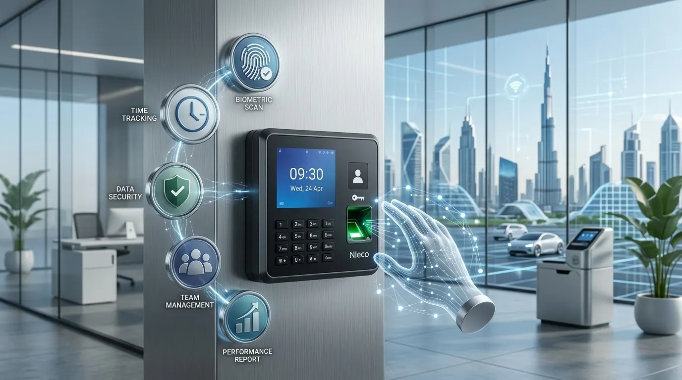 Biometric attendance system Dubai face and fingerprint terminals in a modern office with city skyline