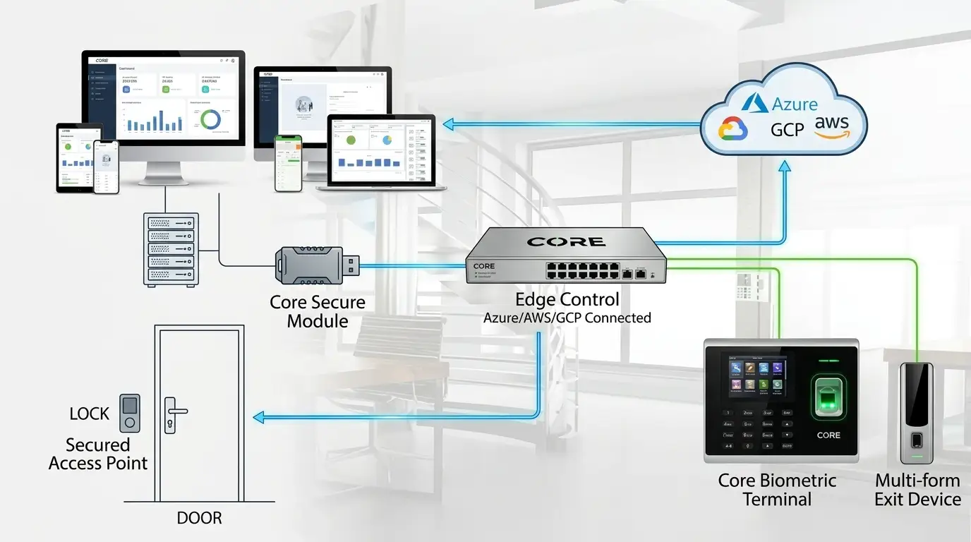 Biometric attendance terminals connected through a network to a central server and cloud software