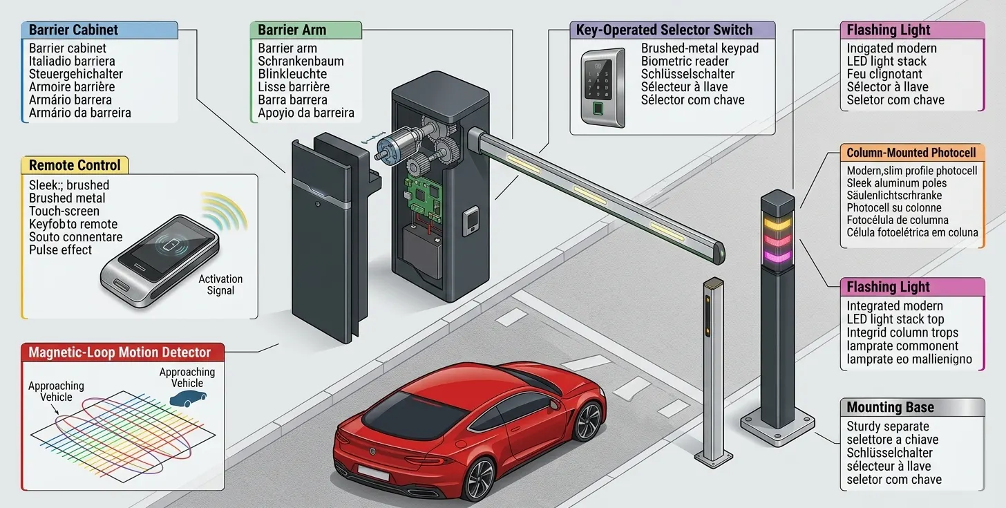 Boom barrier system diagram with access control devices and vehicle entry flow