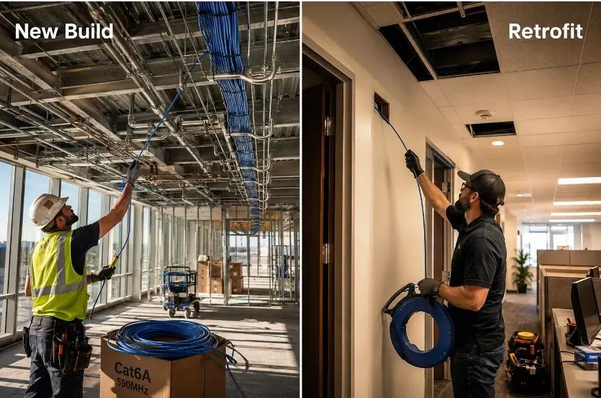 Cabling technicians installing network cables in a new build and a retrofit building