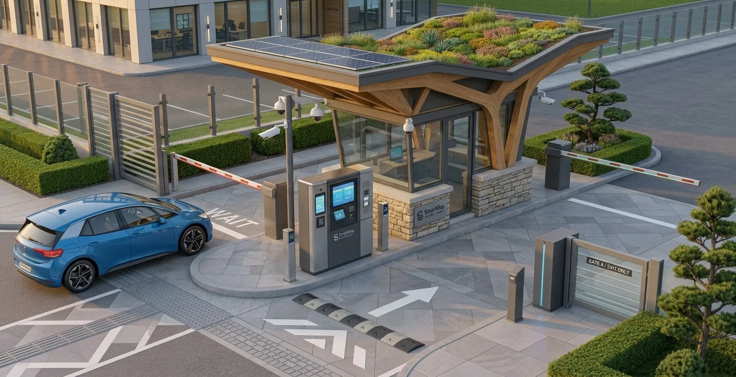 Car approaching an automatic gate barrier Dubai gated entrance with a gatehouse