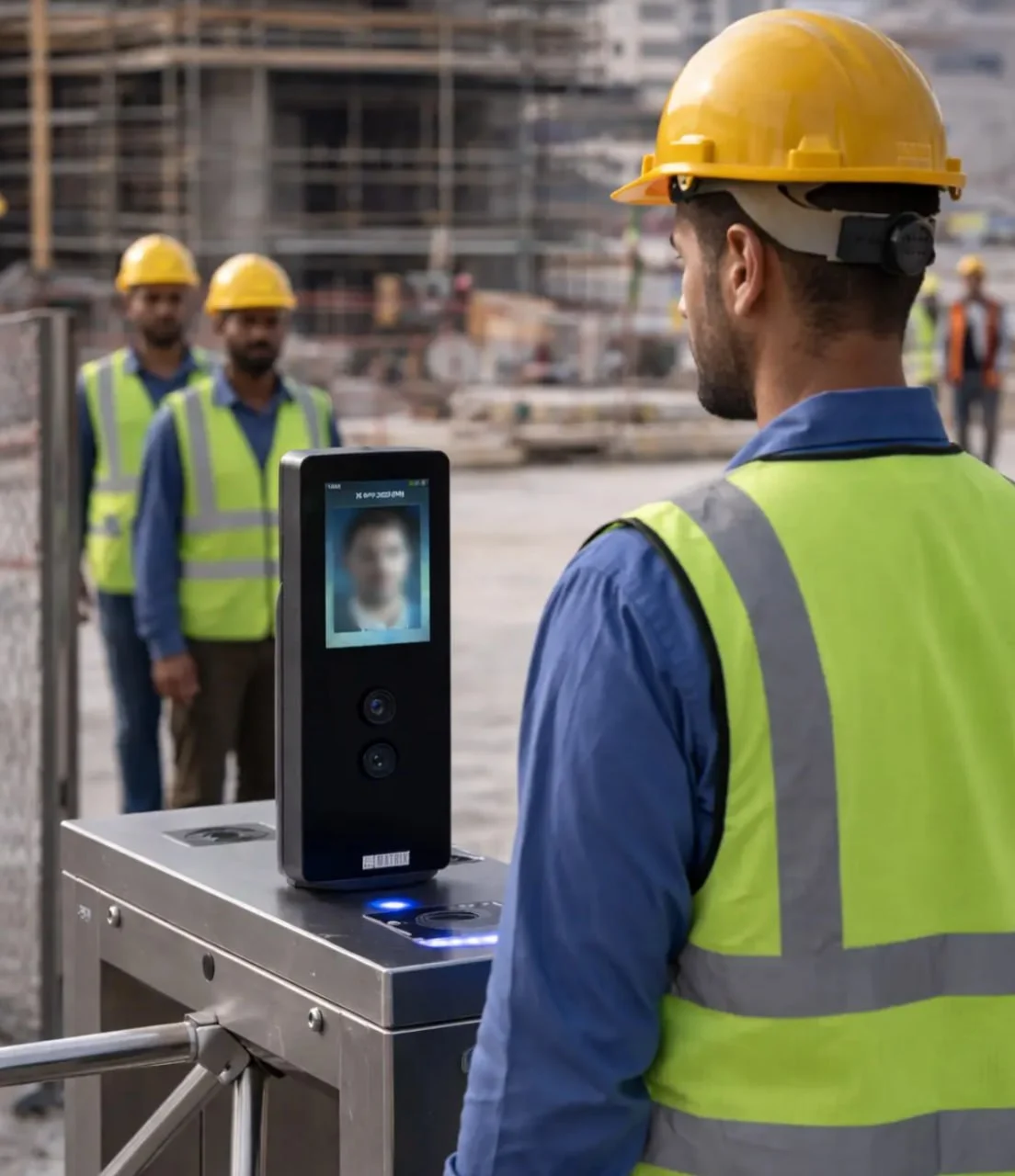 Construction worker in safety helmet using a face recognition terminal at a site entrance gate