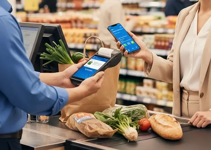 Customer paying by mobile phone at a grocery POS checkout