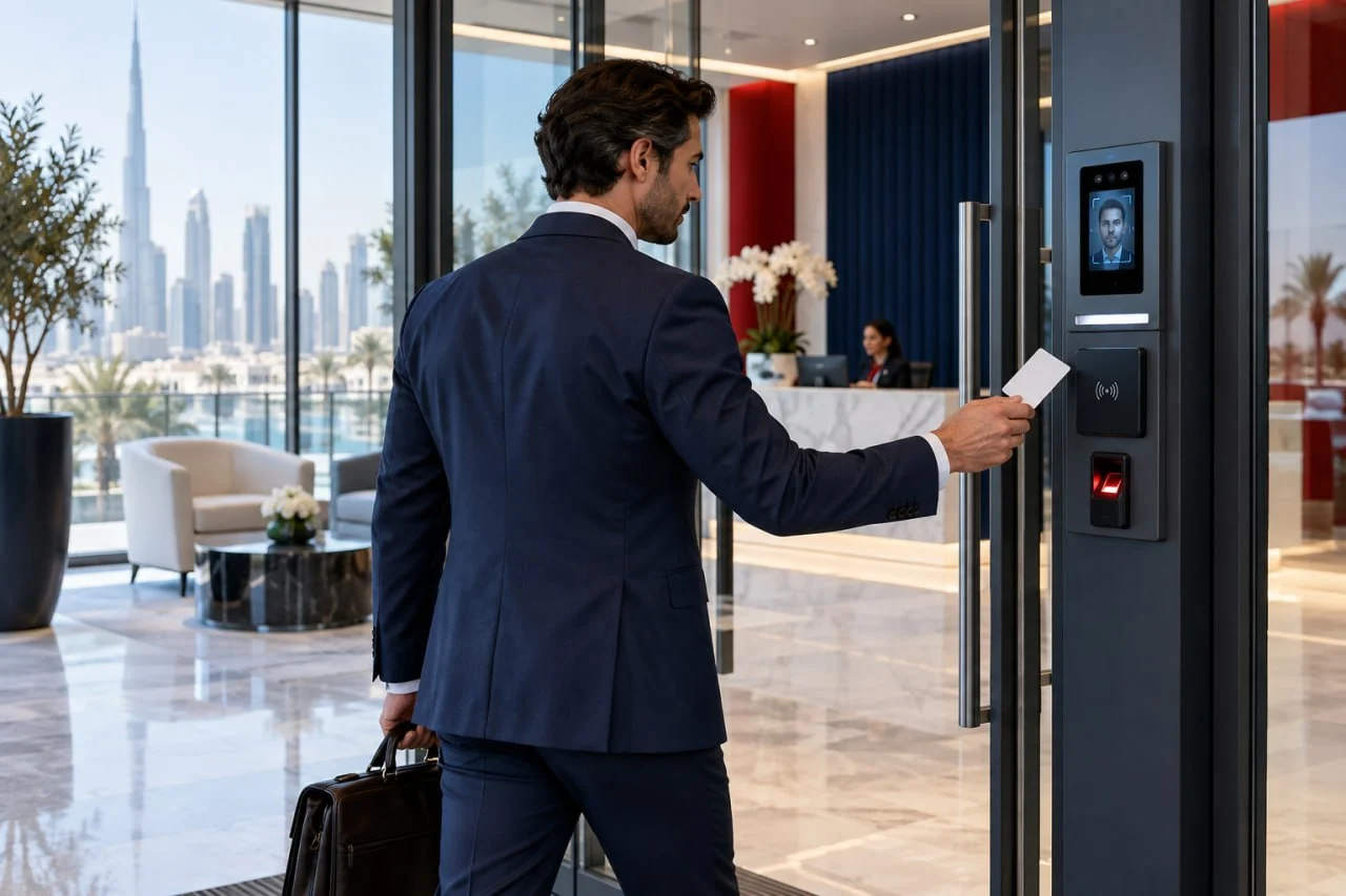 Employee using a fingerprint reader at an office entrance to mark attendance