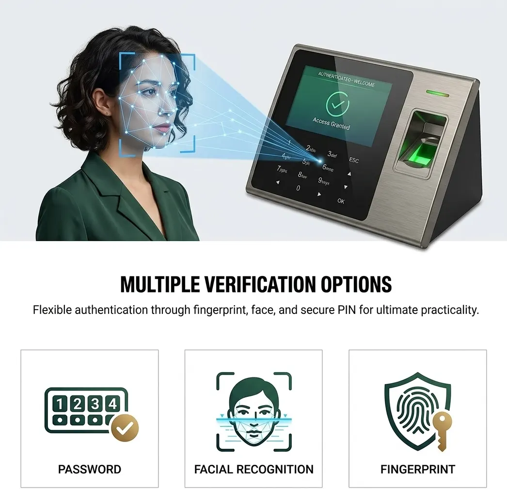 Employee using face recognition on a biometric attendance terminal with fingerprint and card options