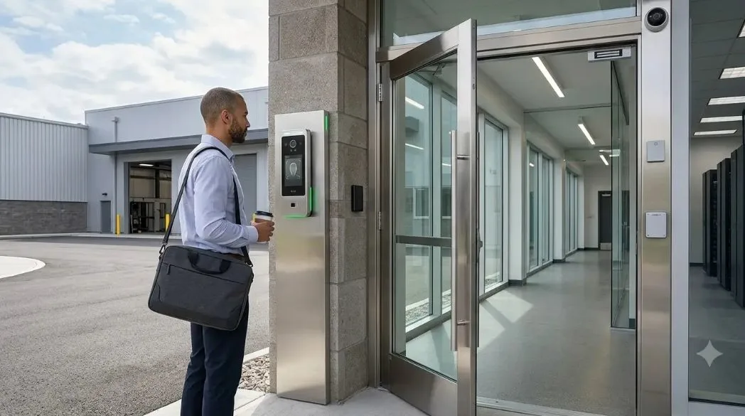 Employee walking through a security access gate at an office entrance