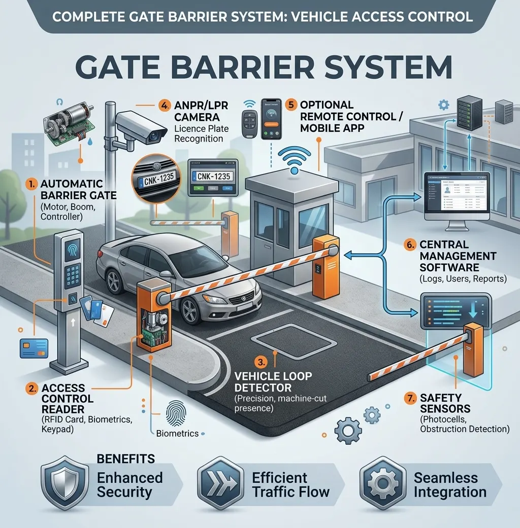 Gate barrier system infographic showing vehicle access control components and features