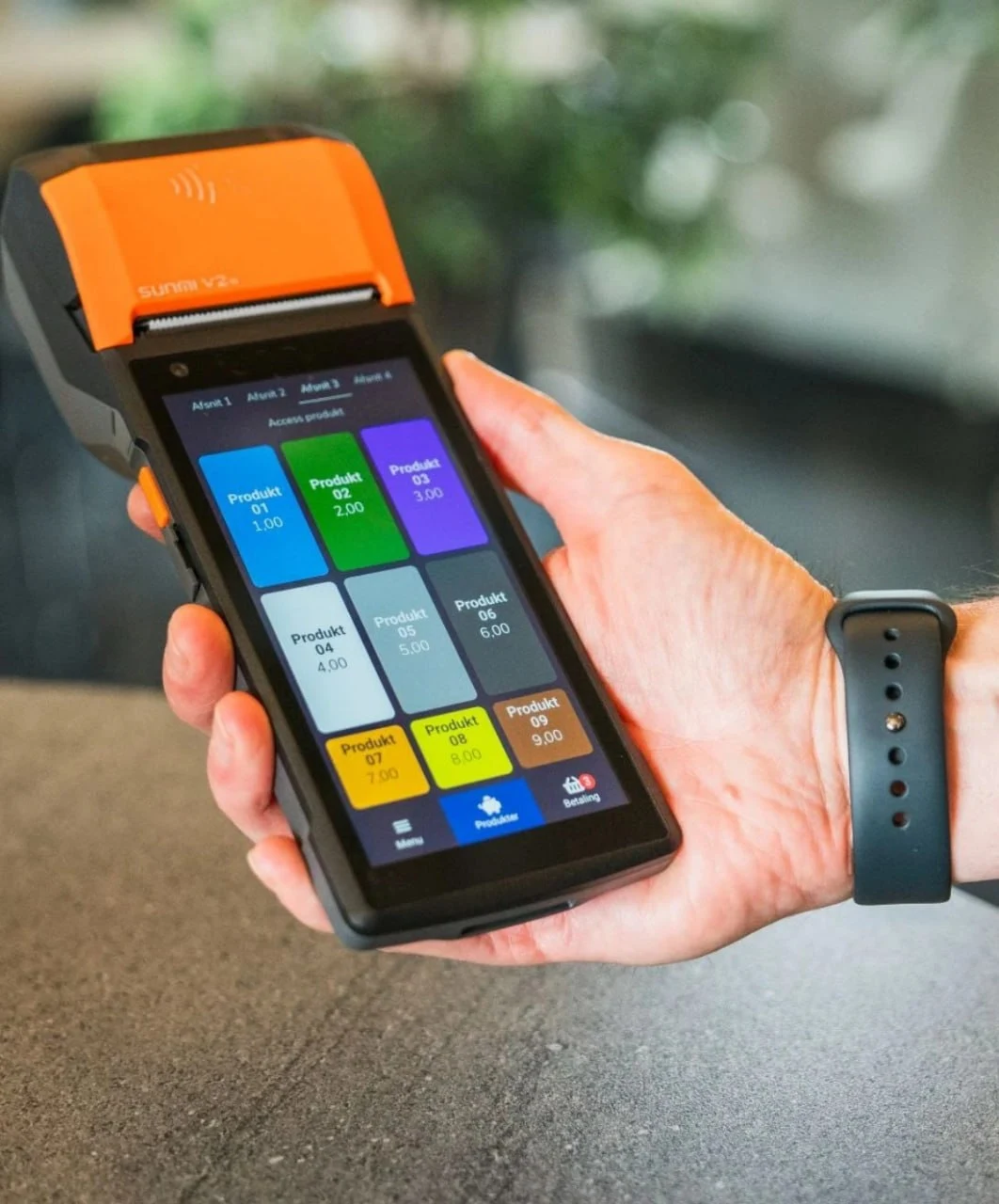 Handheld mobile POS device with touchscreen for taking orders and payments