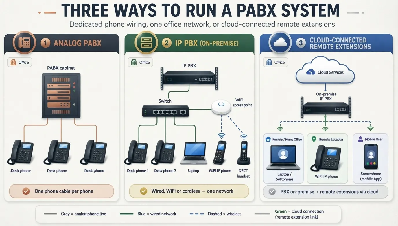 Infographic showing three ways to run a PABX system
