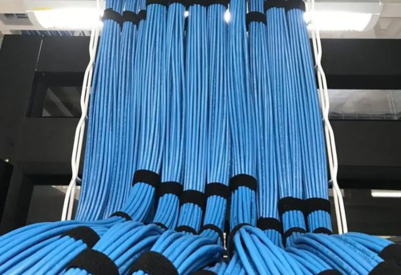 Neatly bundled blue network cables routed down into a cabling rack