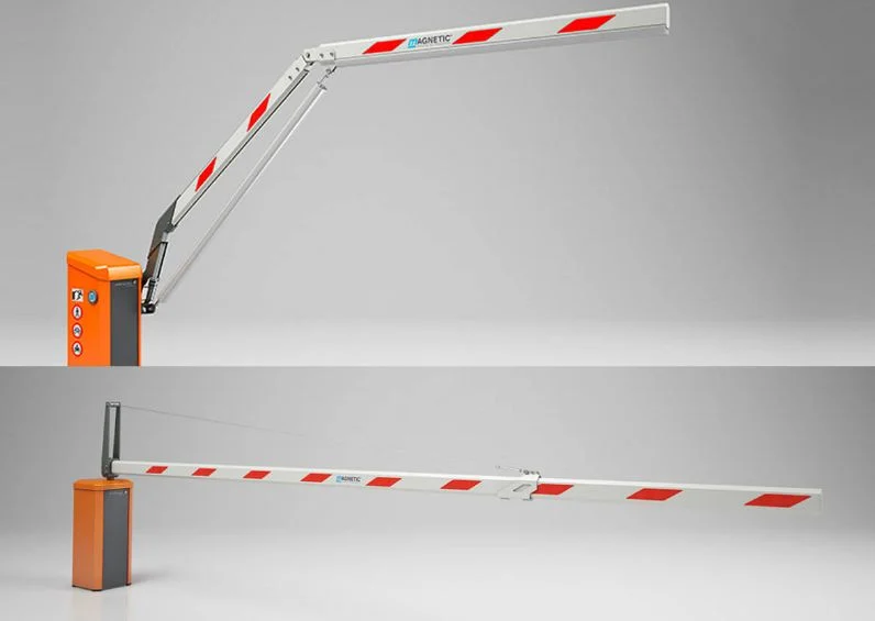 Orange-housing automatic boom barrier with red and white arm in raised position