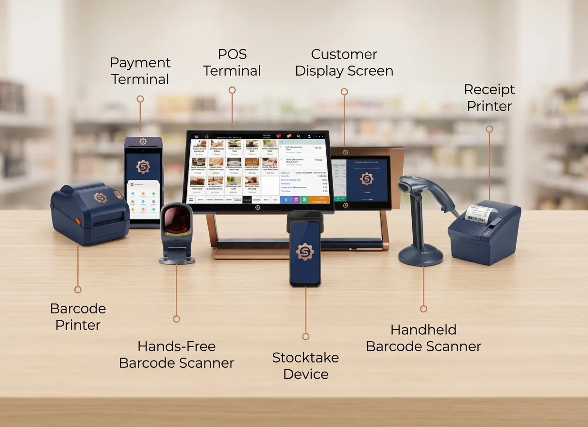 POS hardware set with terminal, receipt printer, barcode scanner and cash drawer