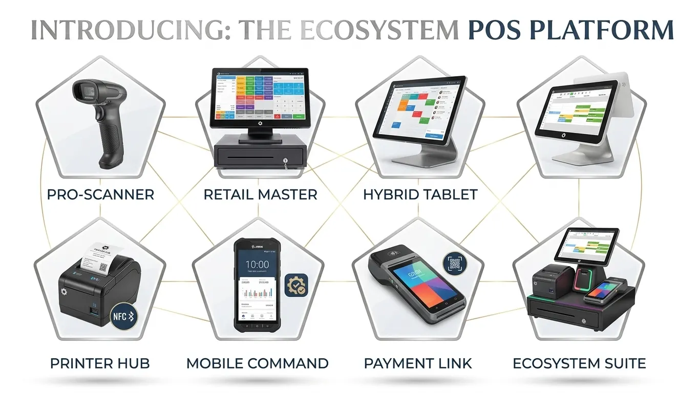 POS platform overview showing scanner, terminal, tablet, printer and card reader