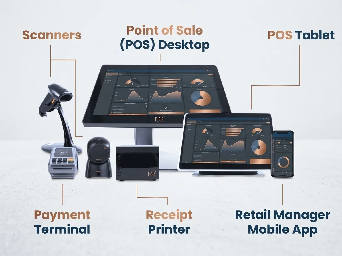 POS system diagram with desktop terminal, tablet, payment terminal and receipt printer