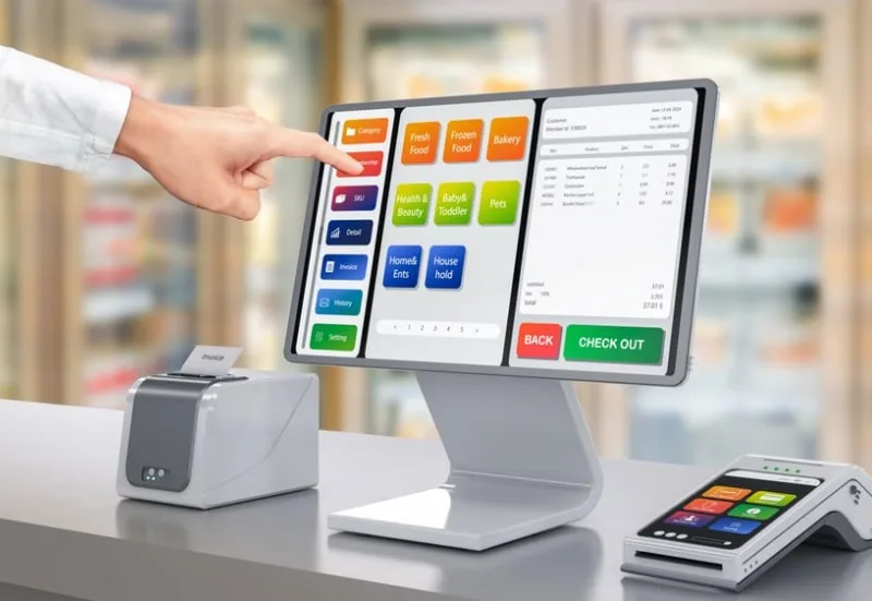 POS terminal with card payment machine and receipt printer at a counter