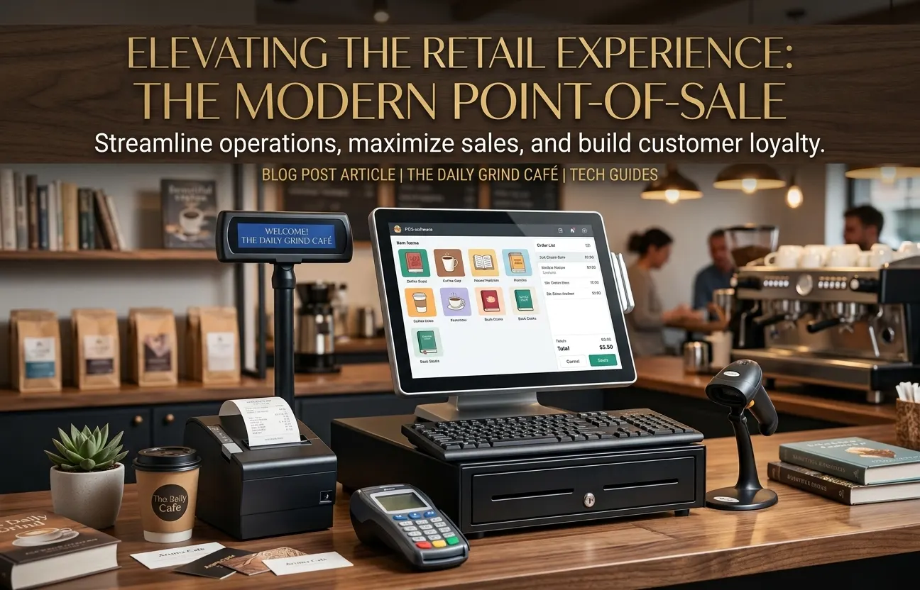 Retail store checkout counter with POS terminal and cash drawer