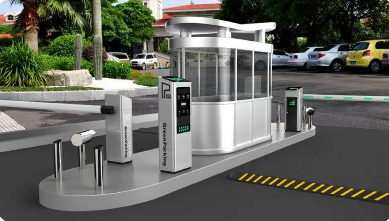 Security gatehouse with automatic boom barrier at a vehicle checkpoint