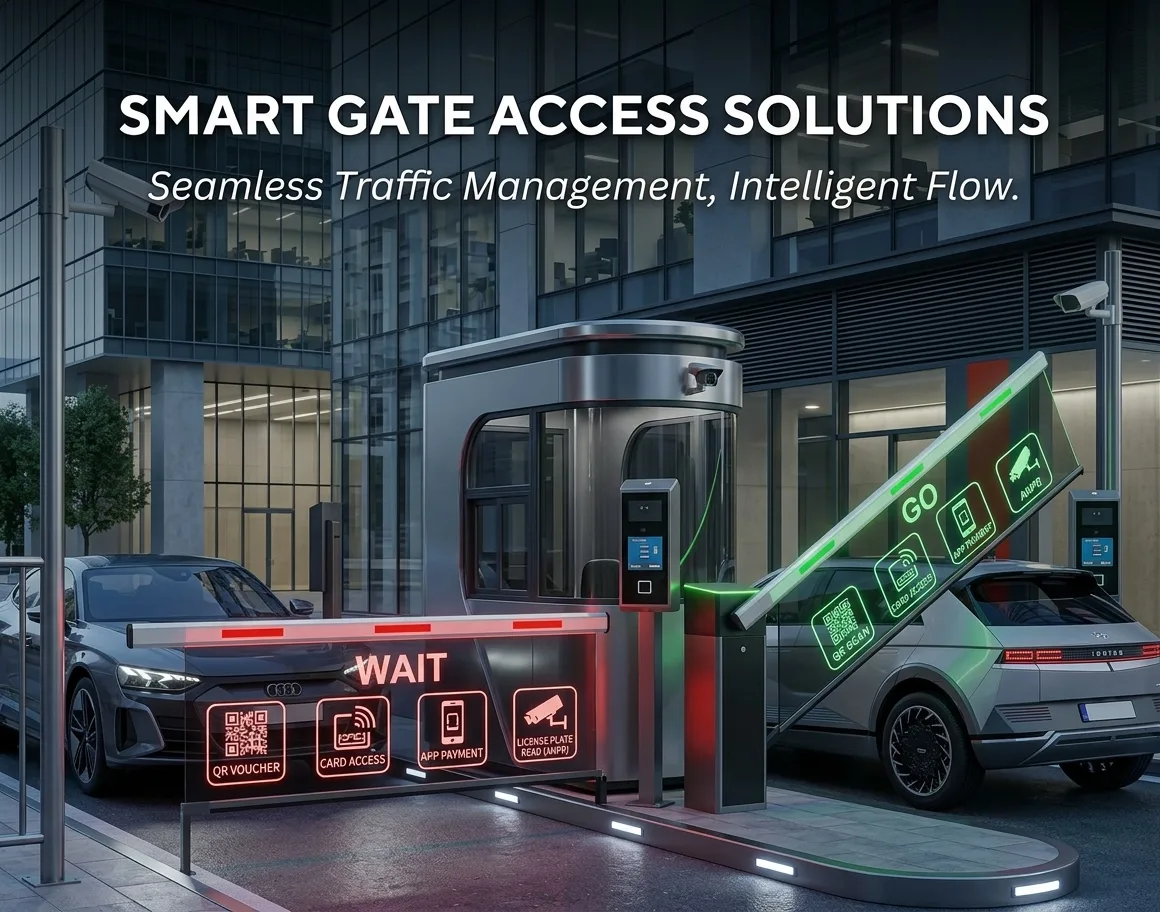 Smart gate access solutions showing a vehicle at an automatic gate barrier Dubai with intelligent traffic flow
