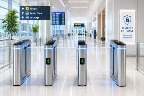 Speed gate turnstile installed in a bank or service center lobby