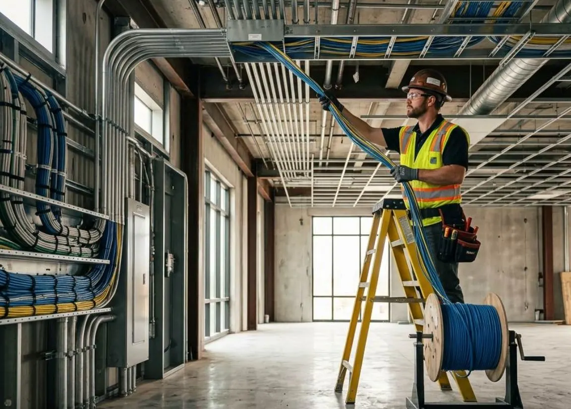 Structured cabling installation with a technician on a ladder running network cable above the ceiling