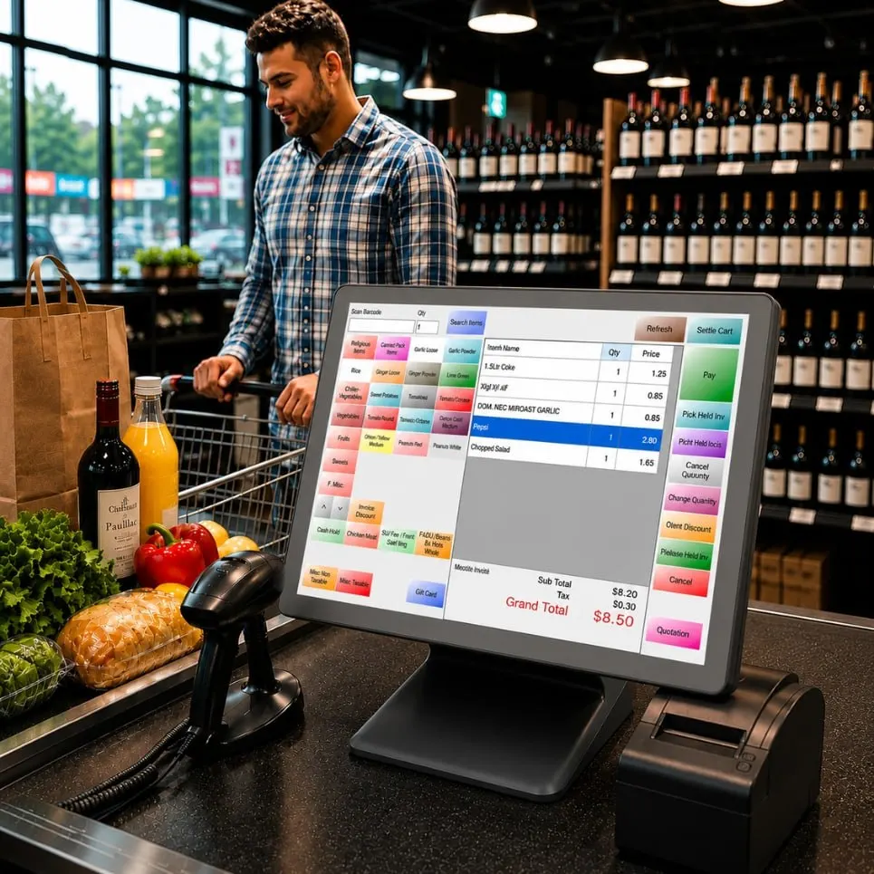 Supermarket cashier scanning groceries at a touchscreen POS terminal