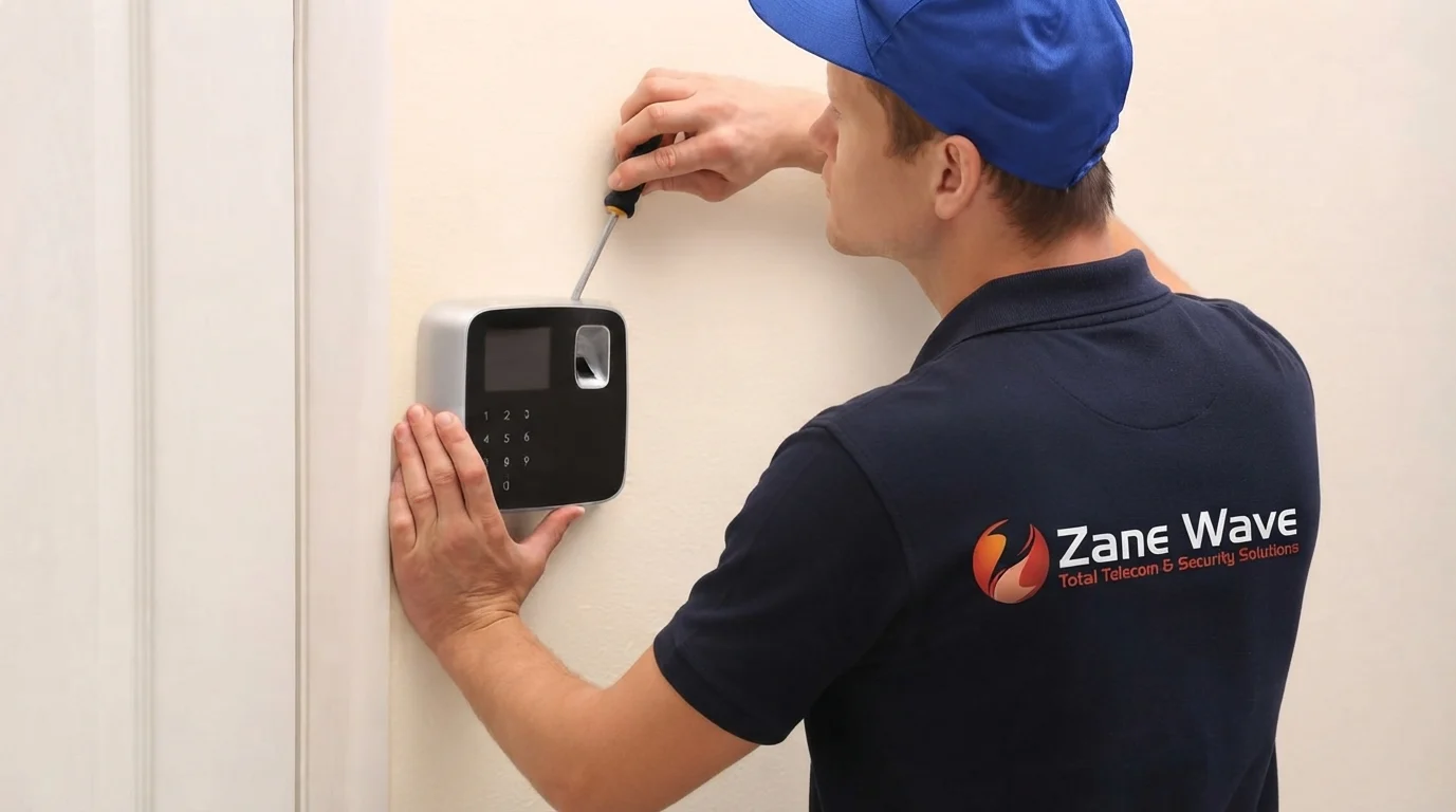 Technician installing a biometric access control reader on-site