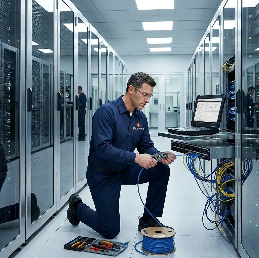 Technician testing network cabling with a laptop and cable reel in a server room