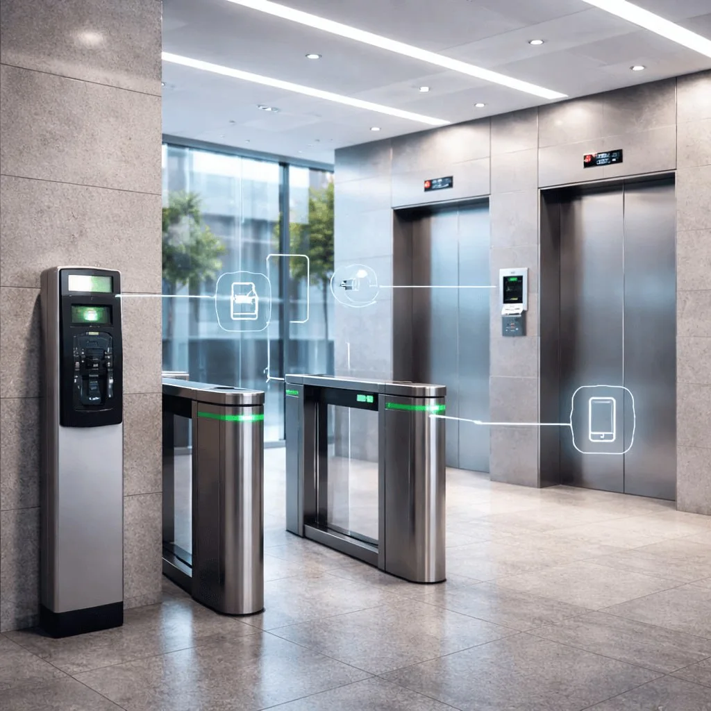 Turnstile access control gates in a modern hotel lobby