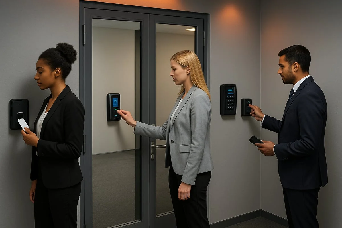 RFID card access control reader at a glass office entrance